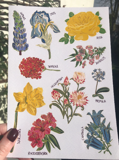 Vintage Flowers Vinyl Sticker Sheet A5 decorative floral paper craft